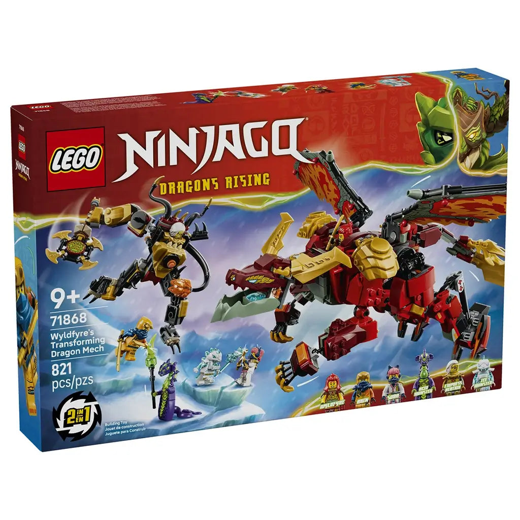 LEGO NINJAGO Dragons Rising 71868 box in red and blue shows the red and gold Wyldfyre's Transforming Dragon Mech, six minifigures, 821 pieces and a 9+ age mark.