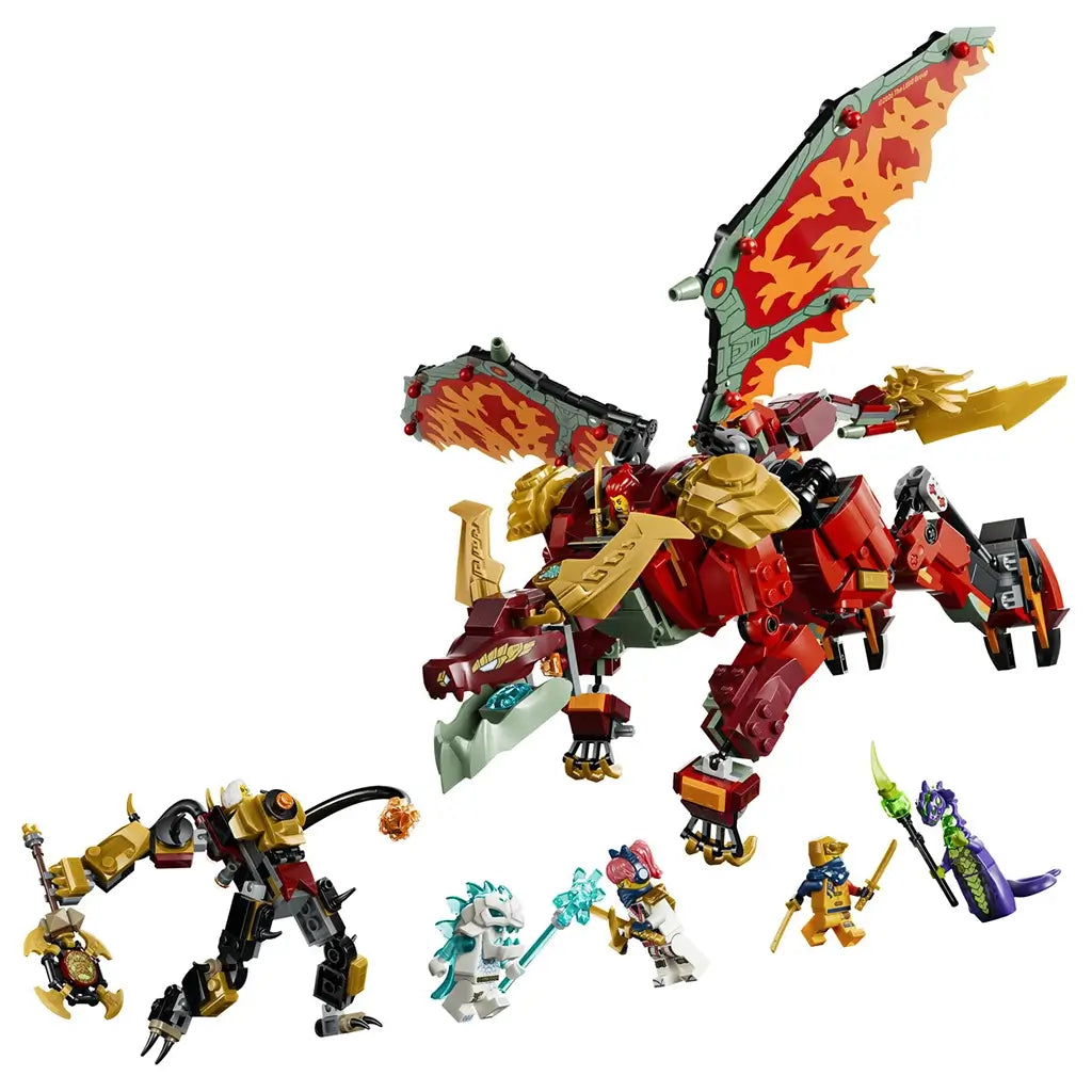 LEGO NINJAGO dragon mech in red, gold and green plastic features flame-pattern wings, articulated legs and a blade tail, posed with six minifigures on white.