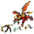 LEGO NINJAGO dragon mech in red, gold and green plastic features flame-pattern wings, articulated legs and a blade tail, posed with six minifigures on white.
