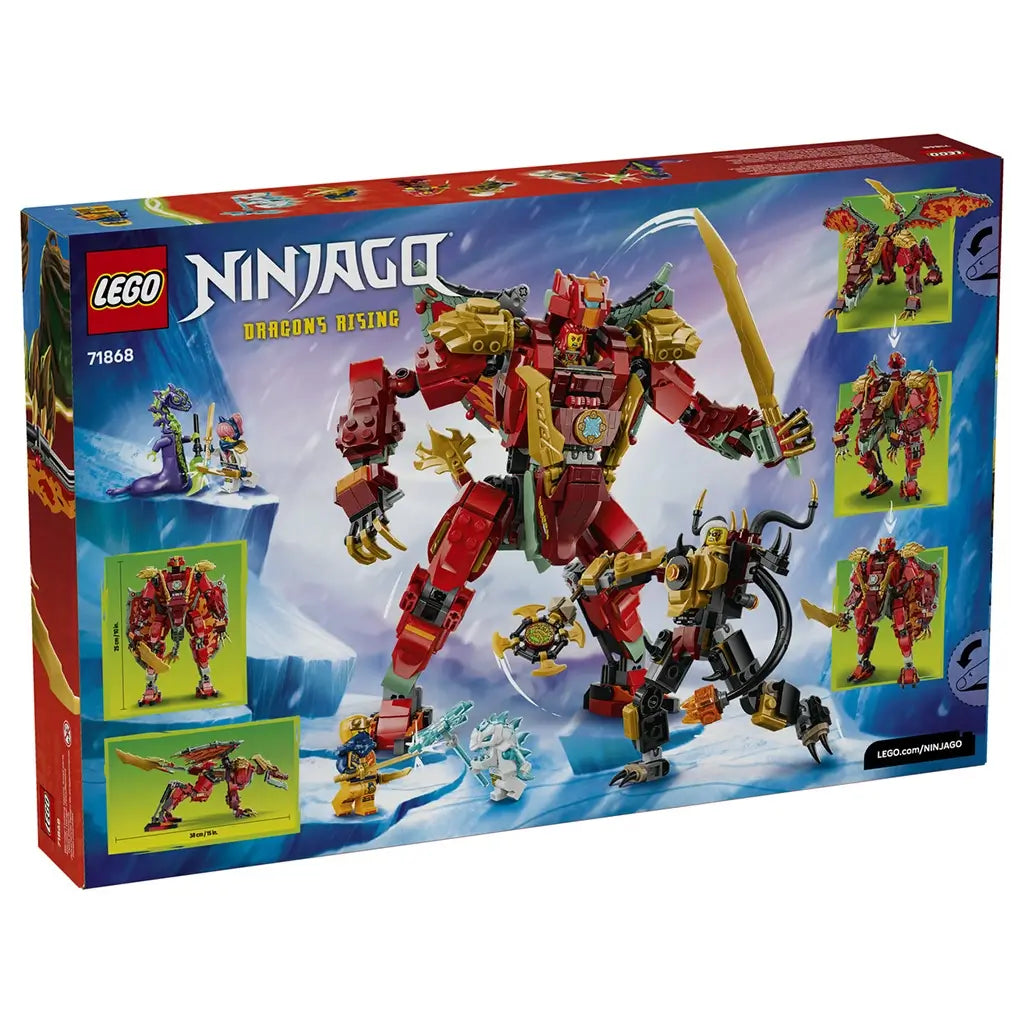 LEGO NINJAGO Dragons Rising 71868 box back in blue displays the red and gold transforming dragon mech, alternate mech forms, minifigures and transformation diagrams.