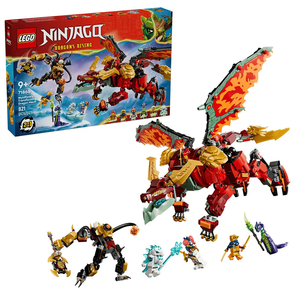 LEGO NINJAGO Dragons Rising 71868 set in red, gold and green plastic shows Wyldfyre's Transforming Dragon Mech, black-and-gold mech and minifigures beside the retail box.