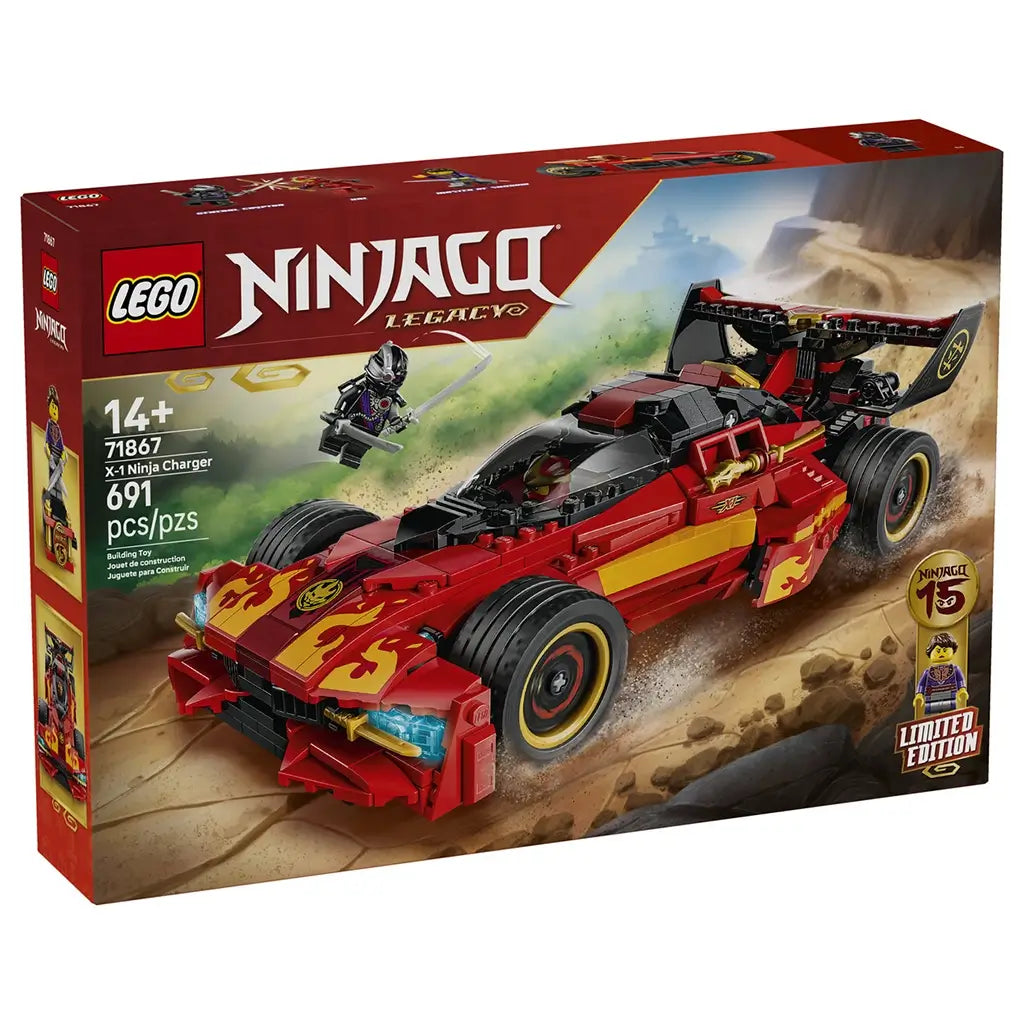 LEGO NINJAGO Legacy 71867 box in red shows the X-1 Ninja Charger racing through a rocky scene, with 691 pieces, a 14+ age mark and limited-edition minifigure.