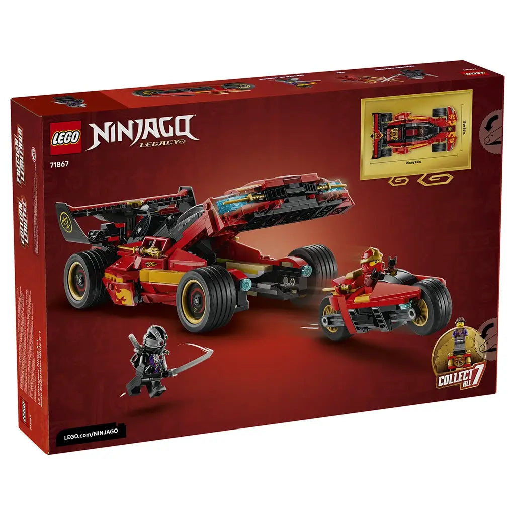 LEGO NINJAGO Legacy 71867 box back in dark red shows the X-1 Ninja Charger with removable motorcycle, three minifigures and a diagram listing the car's dimensions.