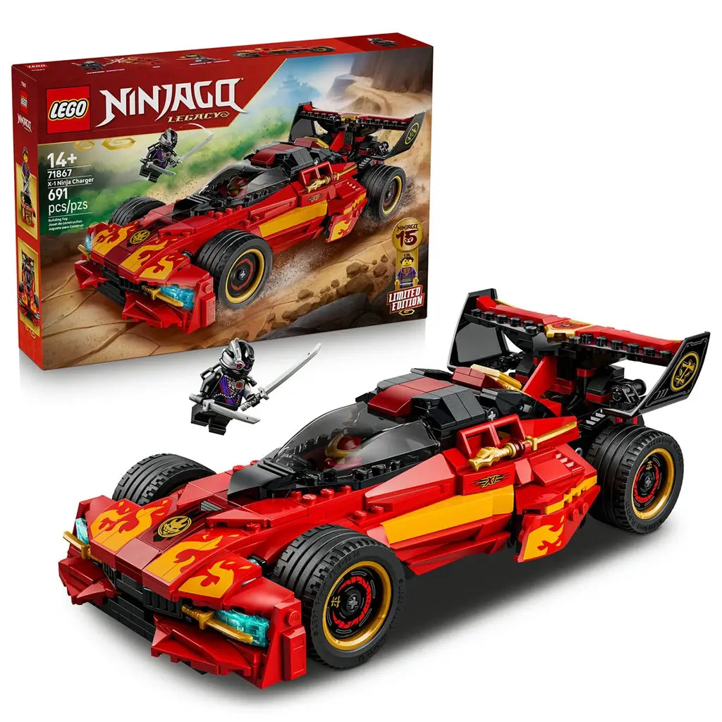 LEGO NINJAGO X-1 Ninja Charger set in red, black and gold plastic shows the race car and sword-wielding minifigure beside the red Legacy 71867 retail box on white.