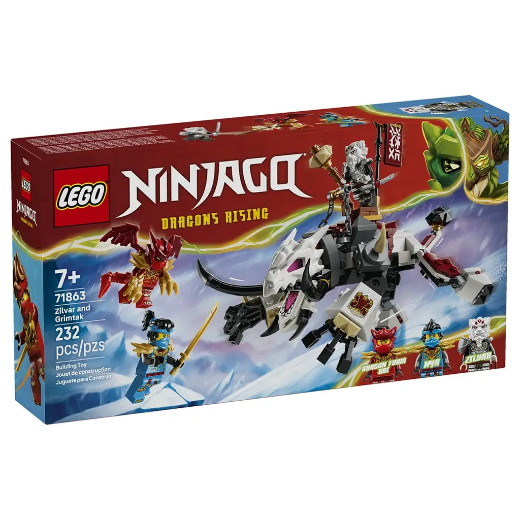 LEGO NINJAGO Dragons Rising set 71863 box front in red and blue shows Zilvar and Grimtak the Dragon Beast, three minifigures, 232 pieces, and an age 7+ label.