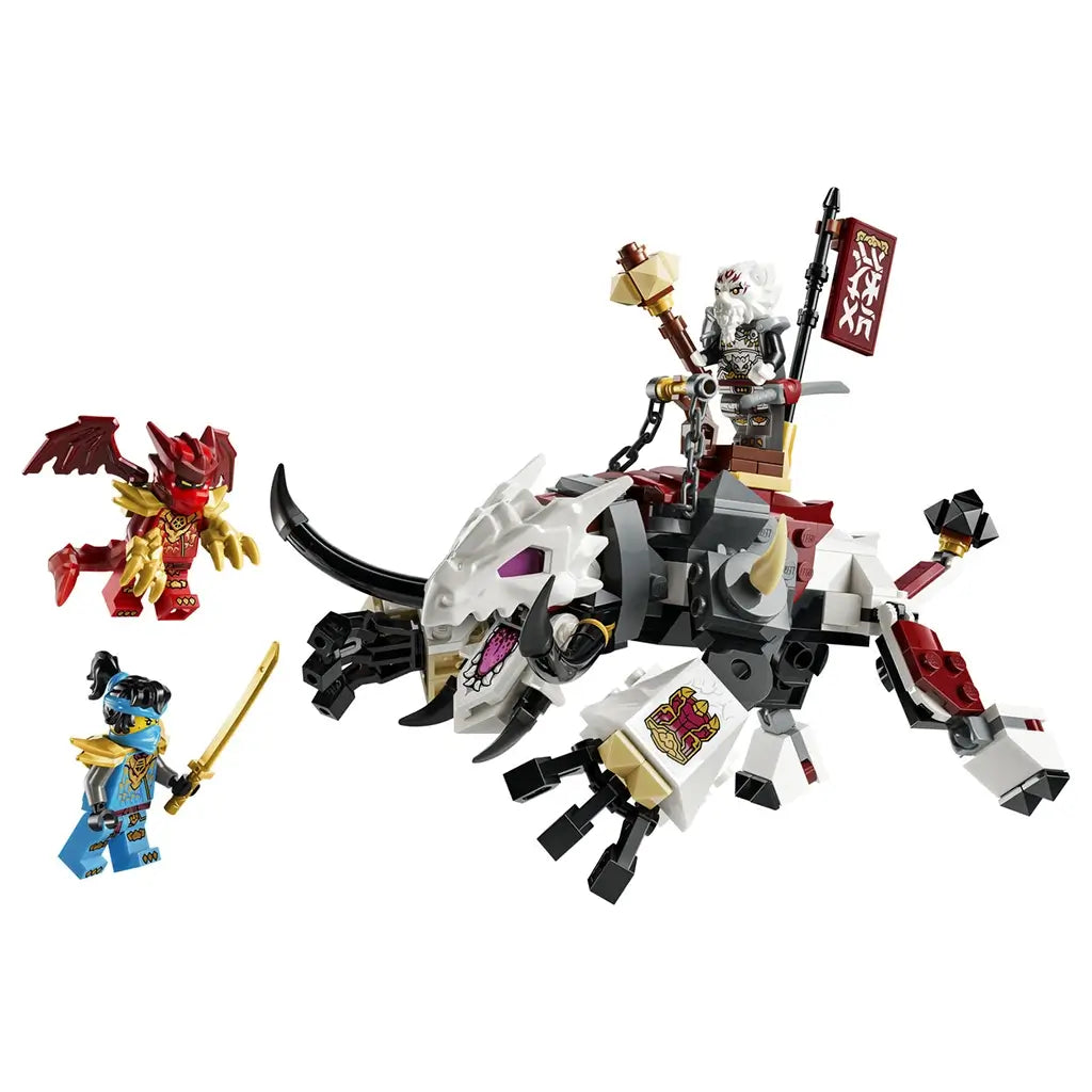 LEGO NINJAGO Zilvar and Grimtak dragon set in white, black and red bricks features a horned dragon beast with rider, plus red winged and blue sword minifigures on white.