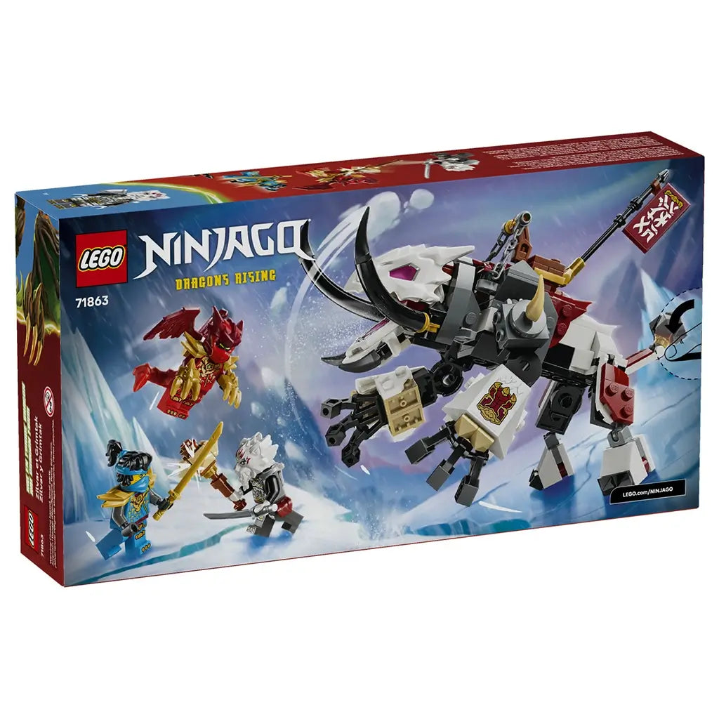 LEGO NINJAGO Dragons Rising set 71863 box back in red and blue, showing the white, black and red dragon beast, three minifigures, and icy battle artwork.