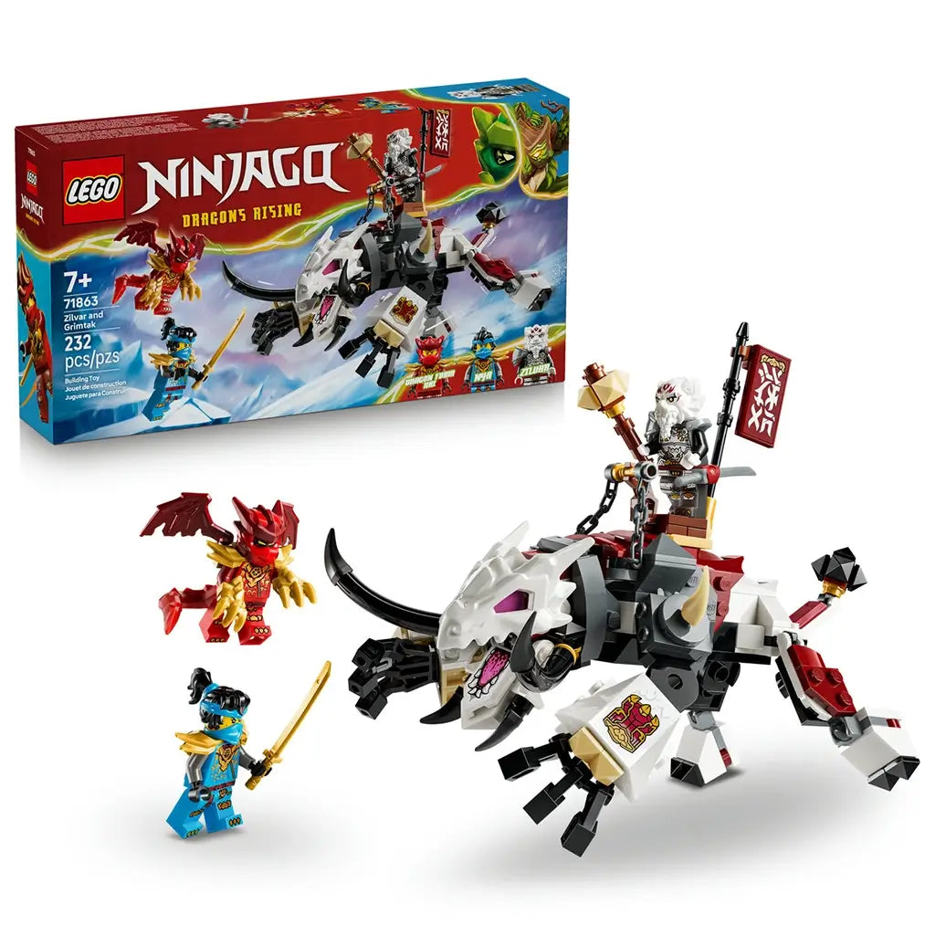 LEGO NINJAGO Zilvar and Grimtak dragon set in white, black and red bricks features a horned dragon beast, three minifigures, and the 232-piece set 71863 box on white.