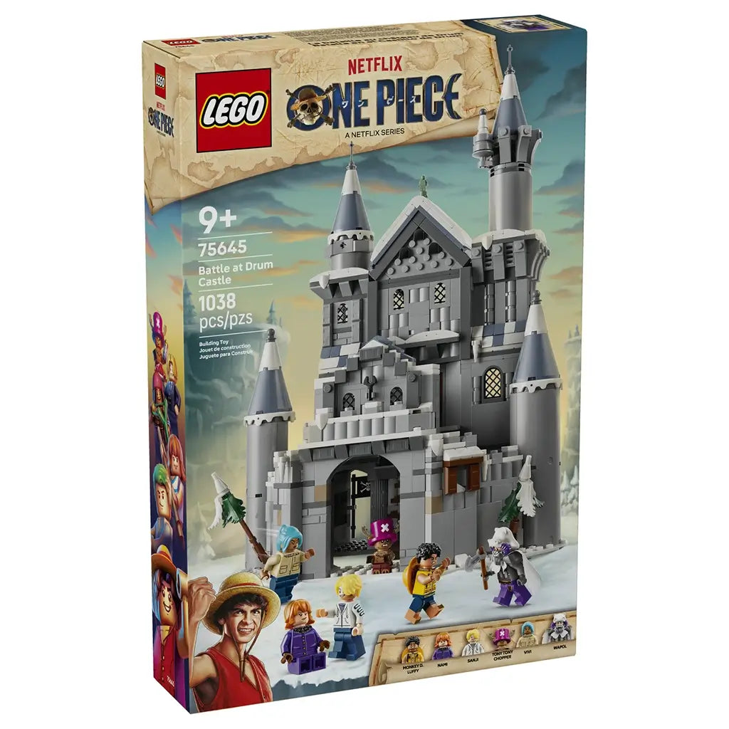 LEGO One Piece Battle at Drum Castle 75645 box shows a gray, blue-gray, and white castle with six minifigures, labeled for ages 9+ with 1038 pieces against a snowy scene.