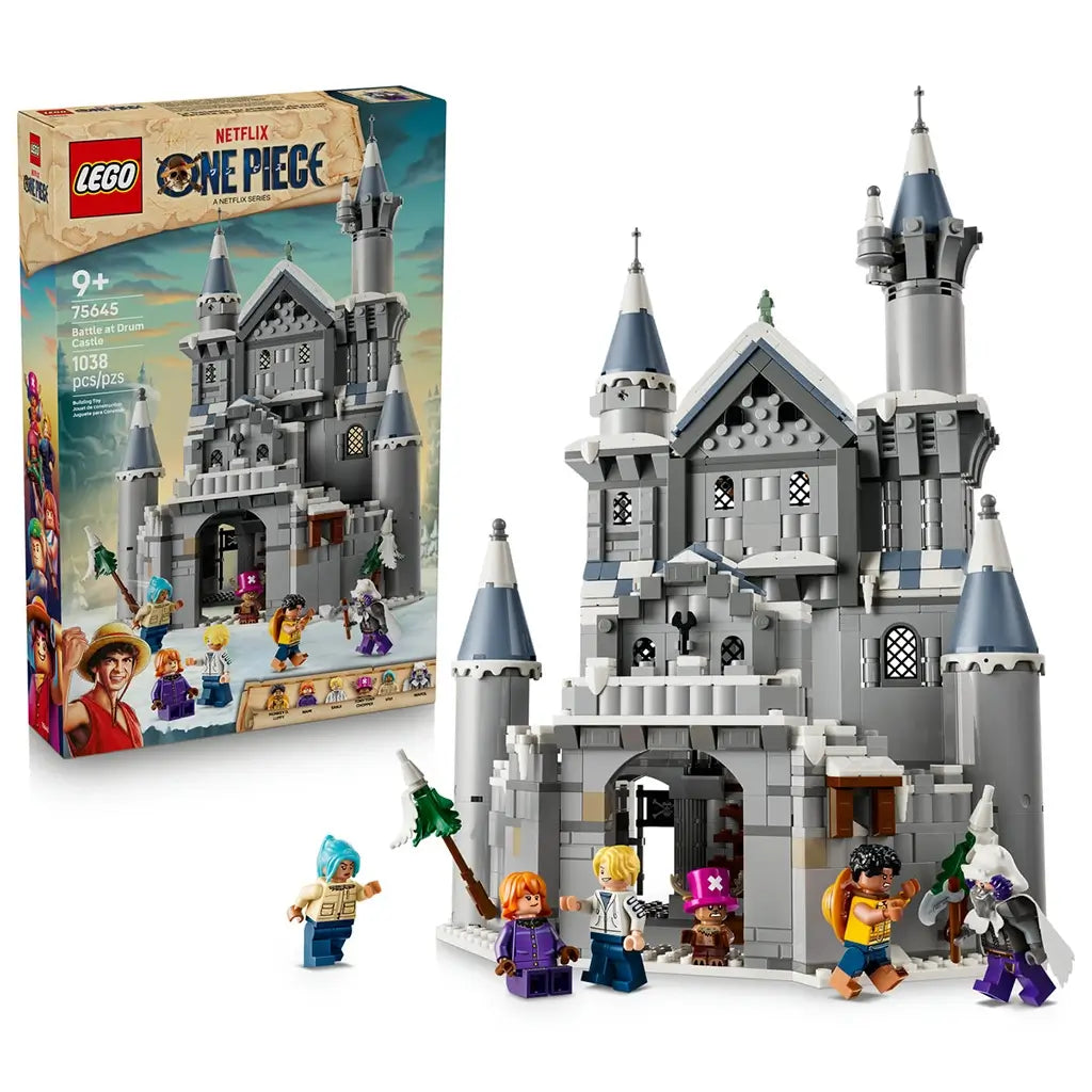 LEGO One Piece Battle at Drum Castle set pairs a gray brick castle with blue-gray turrets and six minifigures beside the 75645 product box on a clean white background.