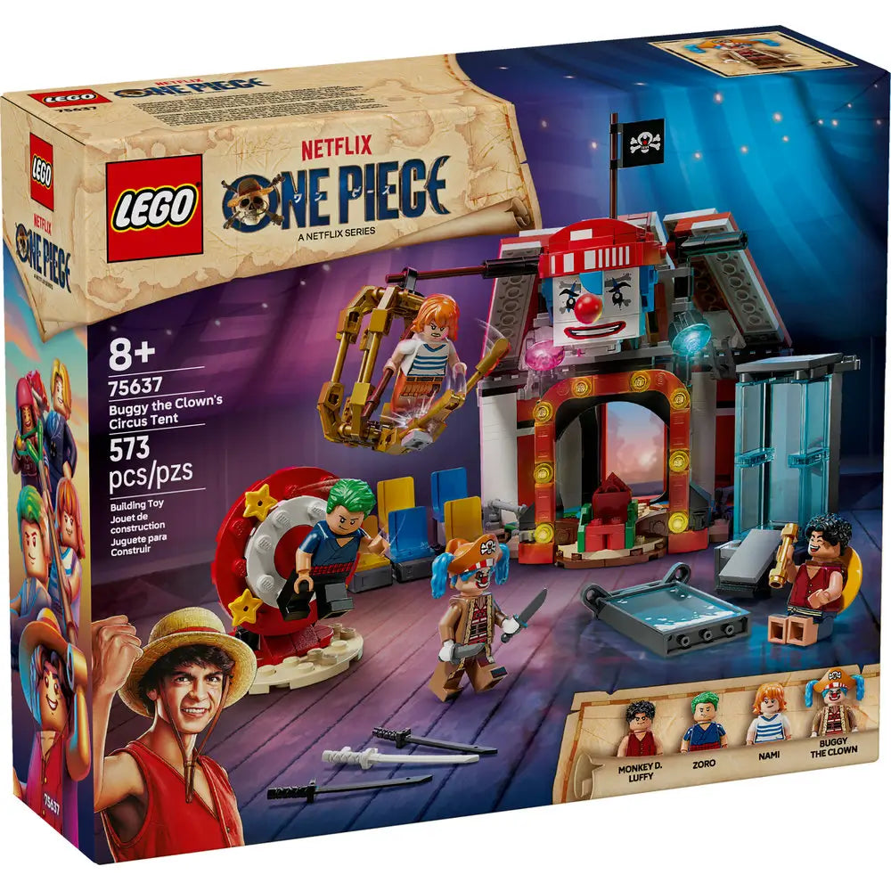 LEGO ONE PIECE Buggy the Clown's Circus Tent retail box featuring colorful product artwork, four character minifigures and circus playset on a clean white background.