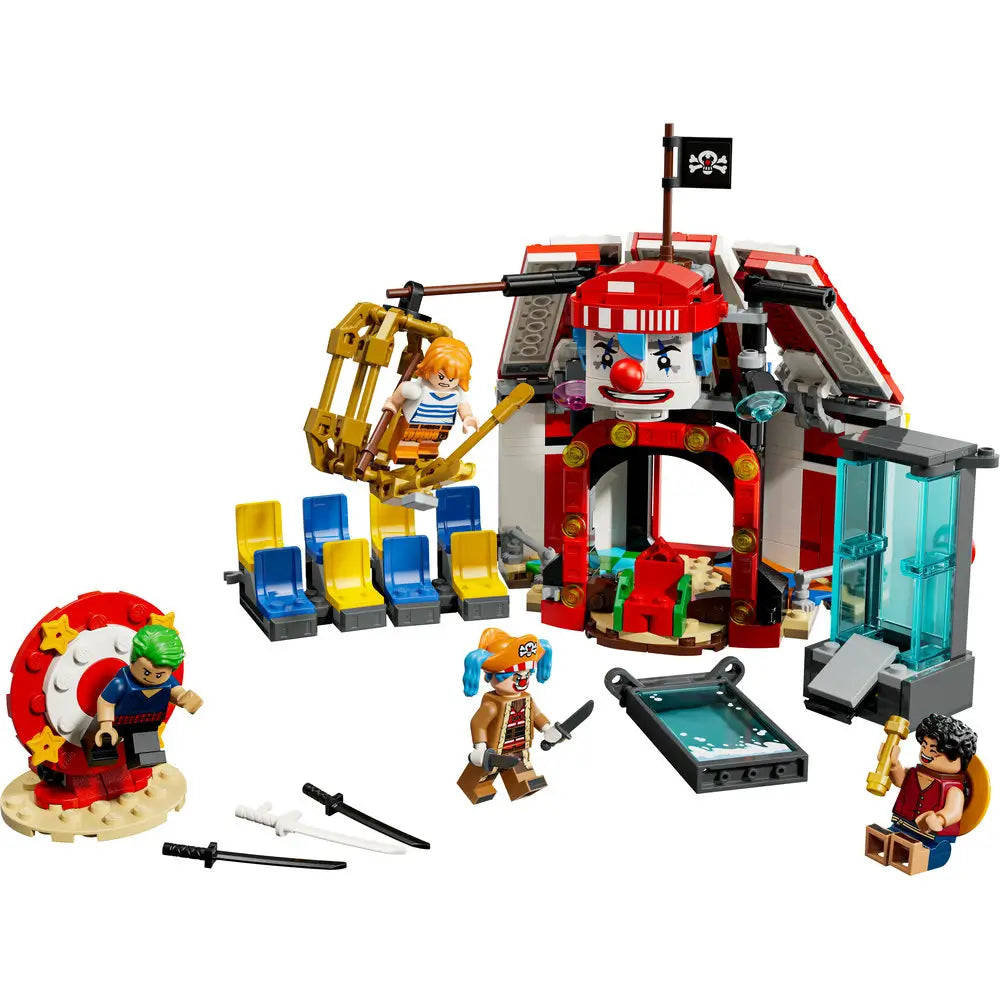 LEGO ONE PIECE Buggy the Clown's Circus Tent set in red, white, blue and gray plastic with circus entrance, spinning target, cage, four minifigures and accessories on a white background.