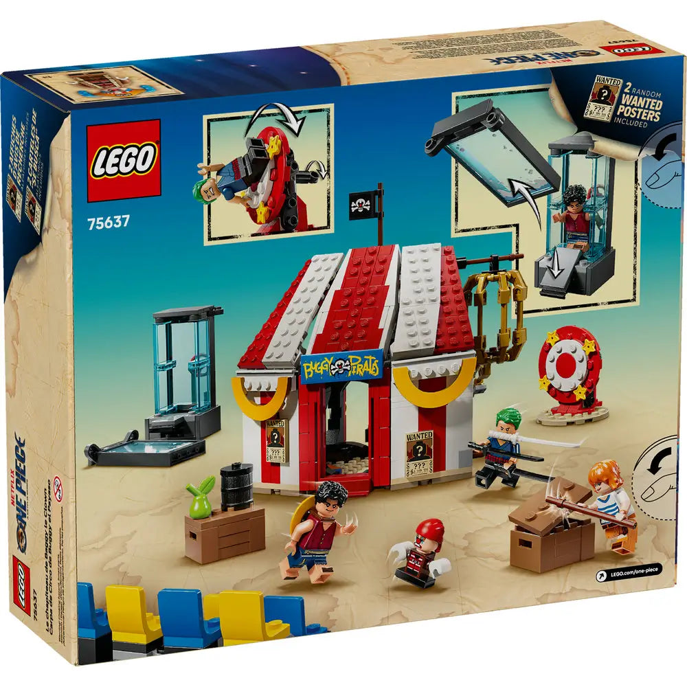 LEGO ONE PIECE Buggy the Clown's Circus Tent package back in blue and tan cardboard highlighting play features, character action functions and circus accessories on a white background.