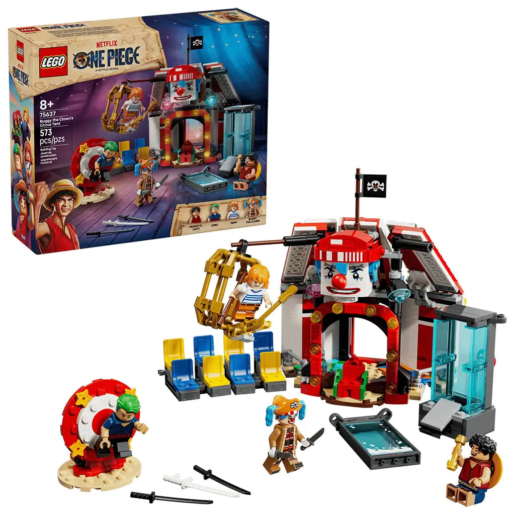 LEGO ONE PIECE Buggy the Clown's Circus Tent set in red, white, blue and gray plastic with circus tent, Buggy, Luffy, Nami and Zoro minifigures, accessories and retail box on a white background.