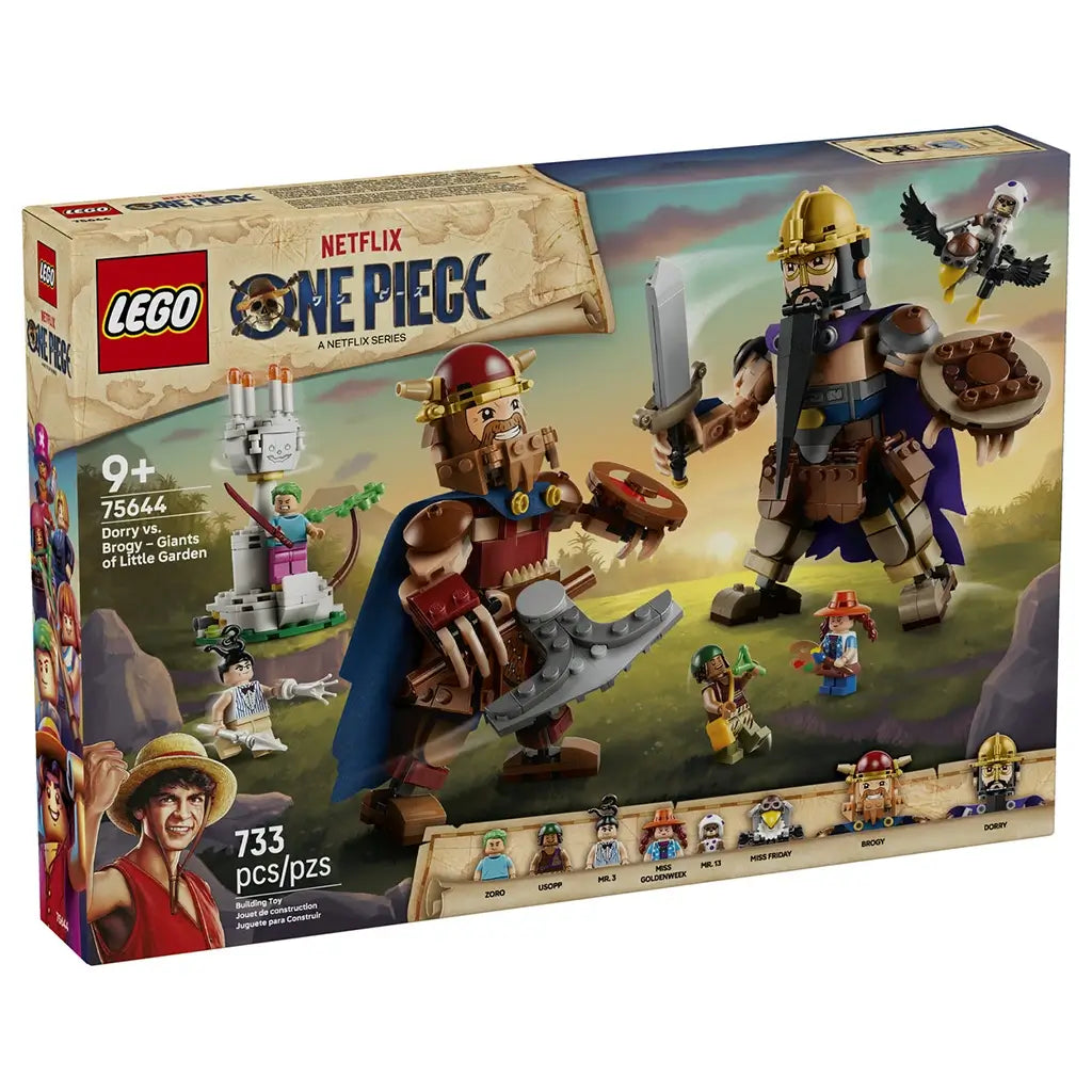 LEGO One Piece Dorry vs. Brogy 75644 box shows brown and tan brick-built giants, colorful character figures, Little Garden scenery, and 733 pieces for ages 9 and up.