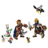 LEGO One Piece Dorry vs. Brogy figures include brown and tan brick-built giants with weapons, six smaller characters, a bird rider, and white Little Garden scenery.