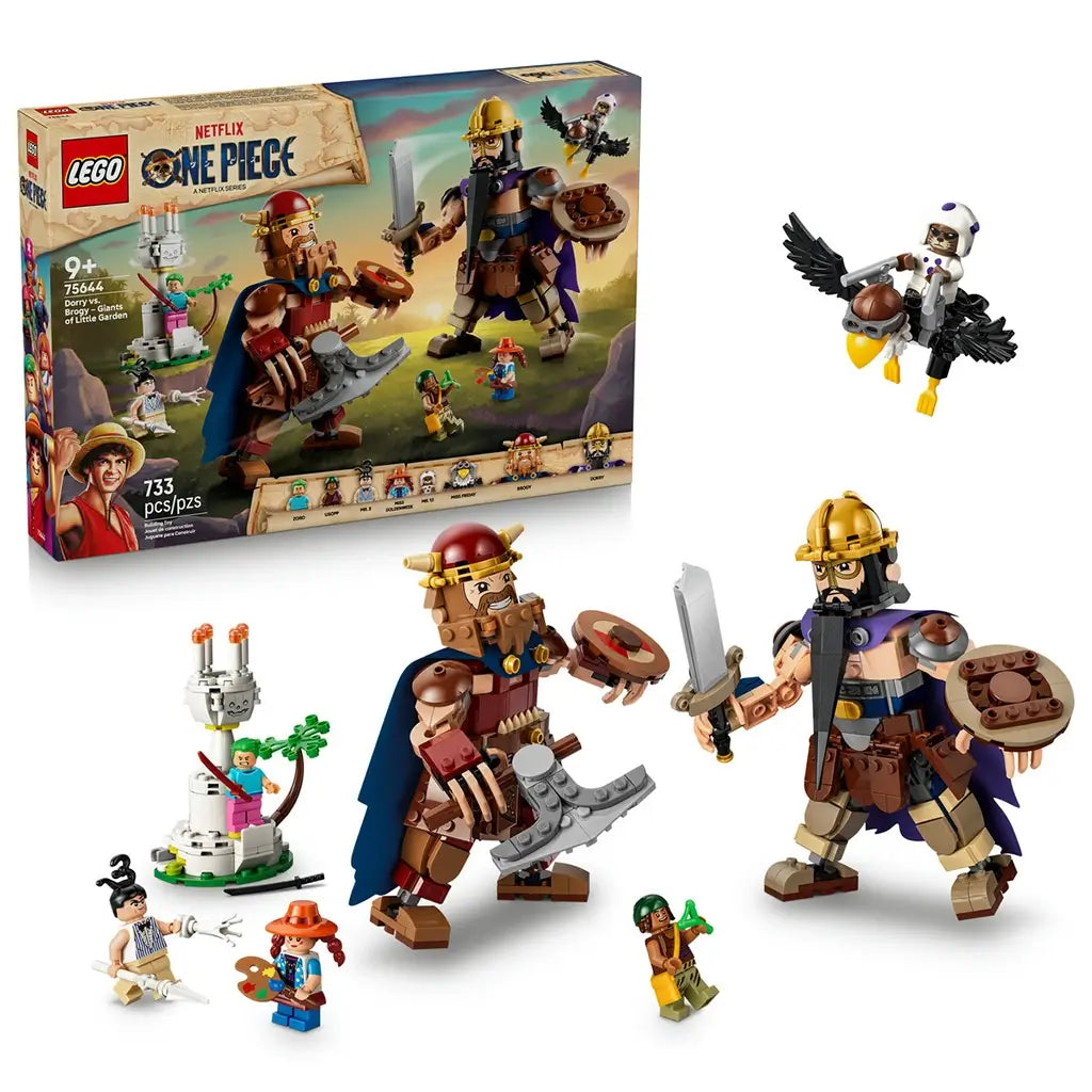 LEGO One Piece Dorry vs. Brogy set pairs the 75644 product box with brown and tan brick-built giants, six smaller figures, a bird rider, and Little Garden scenery.