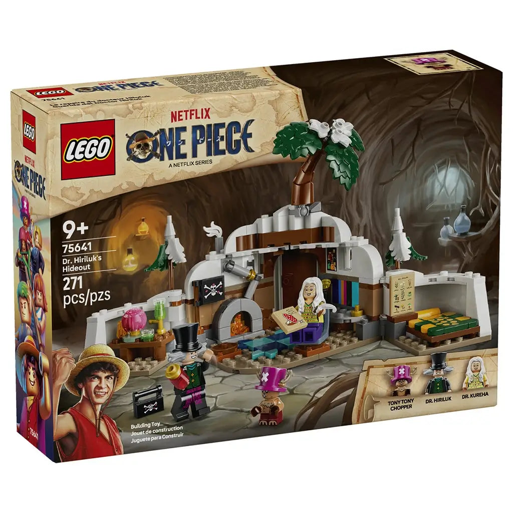 LEGO One Piece Dr. Hiriluk's Hideout 75641 box in tan and brown shows the 271-piece snowy cave build with flowering tree, fireplace, bed and three minifigures.