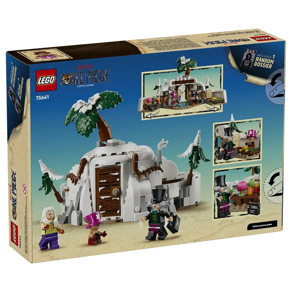 LEGO One Piece Dr. Hiriluk's Hideout 75641 package back shows the snowy cave exterior, flowering tree, three minifigures, interior play scenes and hidden details.