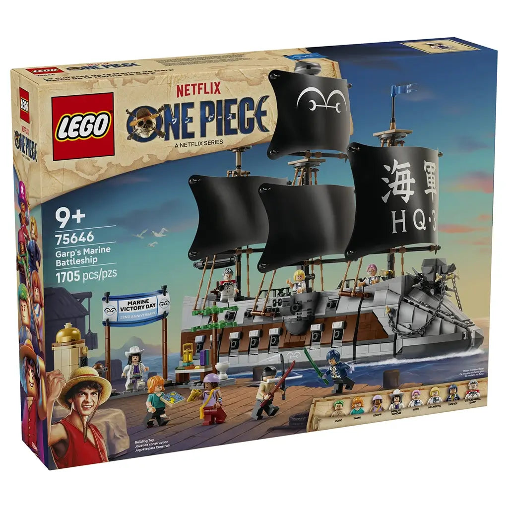 LEGO One Piece Garp's Marine Battleship 75646 box shows the gray and brown ship with black sails and minifigures, labeled for ages 9+ with 1705 pieces on a seascape.
