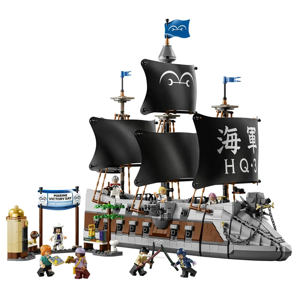 LEGO One Piece Garp's Marine Battleship model in gray and brown plastic bricks features four black sails, blue flags, dock scenery, and multiple minifigures on white.