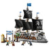 LEGO One Piece Garp's Marine Battleship model in gray and brown plastic bricks features four black sails, blue flags, dock scenery, and multiple minifigures on white.