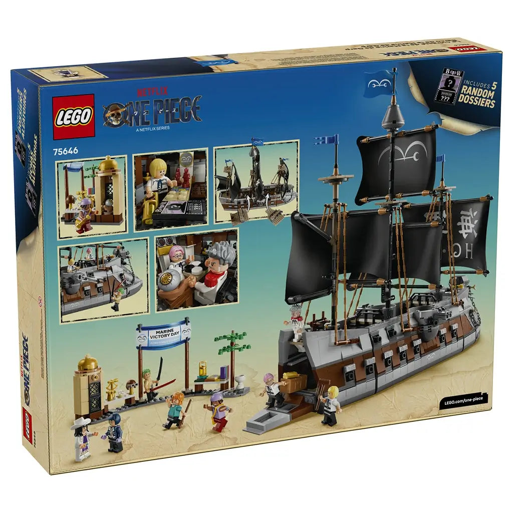 LEGO One Piece Garp's Marine Battleship package back shows the gray and brown brick ship with black sails, minifigure scenes, play features, and five random dossier cards.
