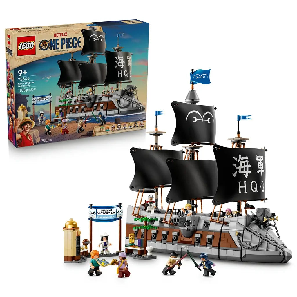 LEGO One Piece Garp's Marine Battleship set pairs the 1705-piece product box with a gray and brown brick ship, four black sails, dock scenery, and multiple minifigures.