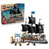 LEGO One Piece Garp's Marine Battleship set pairs the 1705-piece product box with a gray and brown brick ship, four black sails, dock scenery, and multiple minifigures.