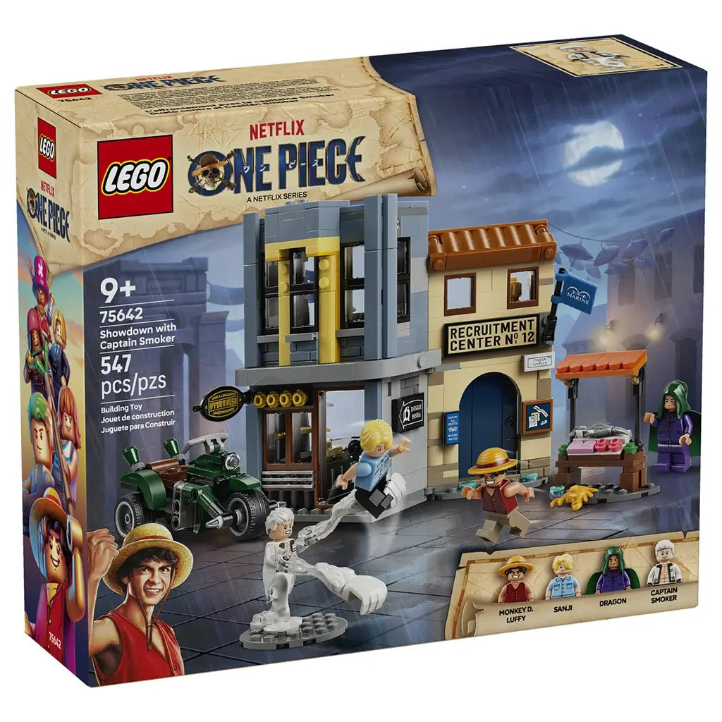 LEGO One Piece Showdown with Captain Smoker 75642 box features a tan and blue package with the Recruitment Center build, green motorcycle and four minifigures.