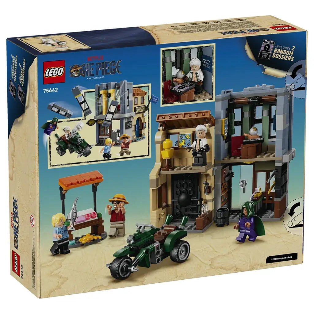 LEGO One Piece Showdown with Captain Smoker 75642 package back shows the modular Recruitment Center, green motorcycle, market stall, minifigures and play scenes.
