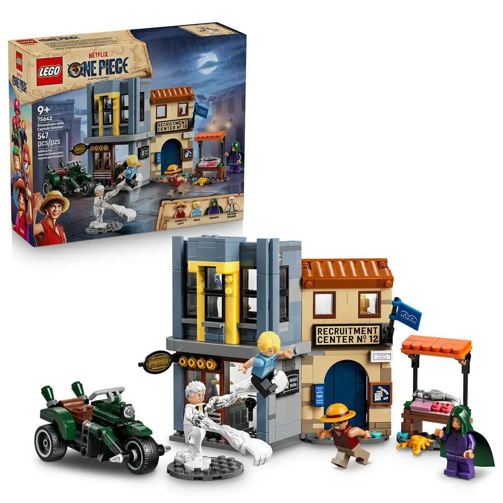 LEGO One Piece Showdown with Captain Smoker set in gray, tan and green plastic is displayed with its retail box, Recruitment Center, motorcycle and four minifigures.