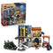 LEGO One Piece Showdown with Captain Smoker set in gray, tan and green plastic is displayed with its retail box, Recruitment Center, motorcycle and four minifigures.