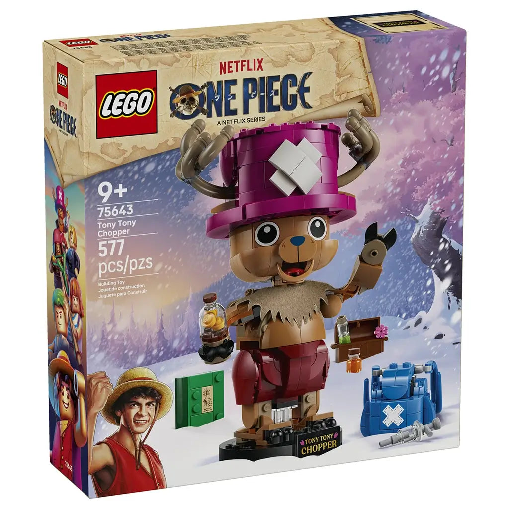 LEGO One Piece Tony Tony Chopper 75643 box shows a brown brick-built figure with pink hat, blue backpack, medicine accessories, and 577 pieces for builders ages 9 and up.