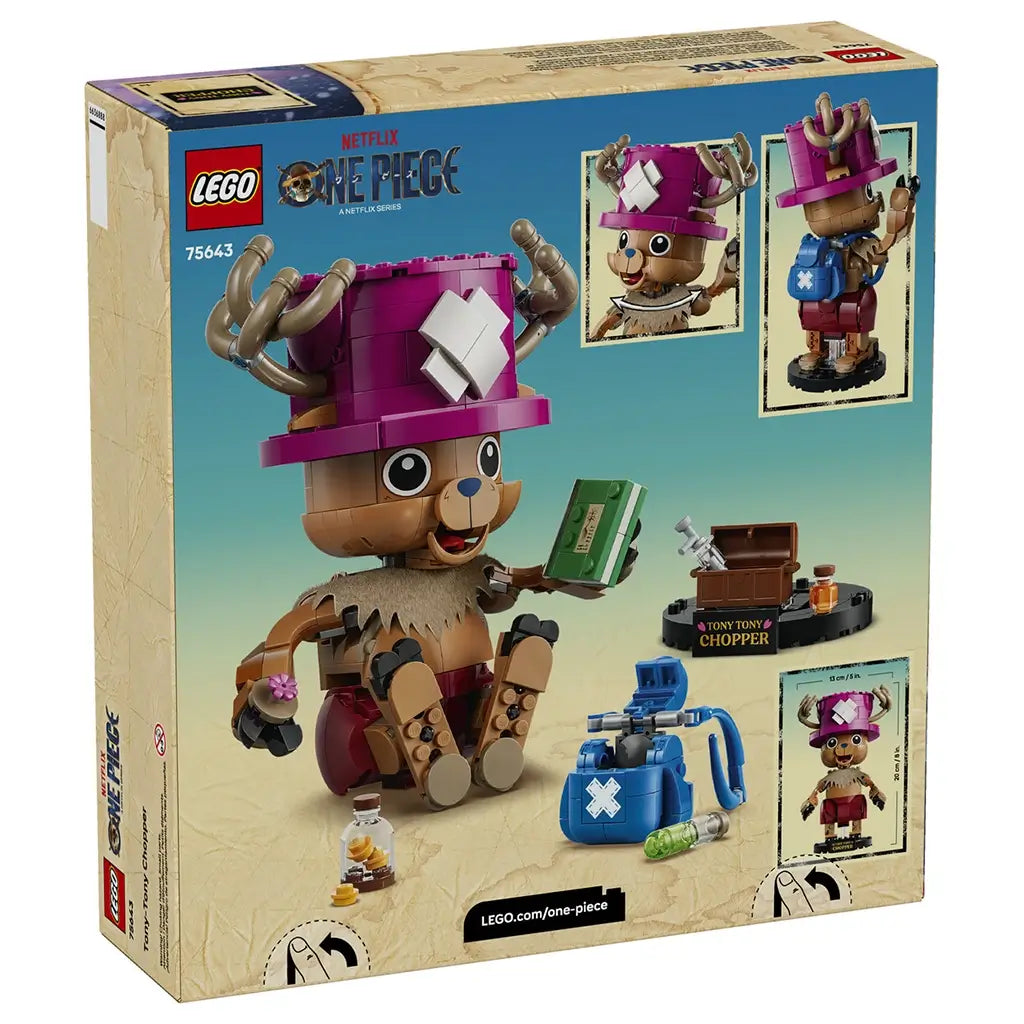LEGO One Piece Tony Tony Chopper set package back shows a brown brick-built Chopper with pink hat, blue backpack, medicine accessories, treasure chest, and alternate poses.