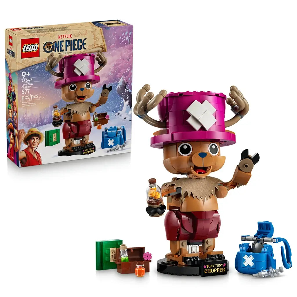 LEGO One Piece Tony Tony Chopper set pairs the 75643 box with a brown brick-built figure in a pink hat, blue backpack, medicine bottles, book, and treasure chest.