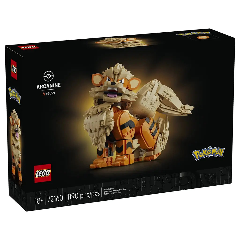 LEGO Pokémon Arcanine 72160 box in black features the orange and tan brick-built canine with a curled tail and layered mane, labeled 1190 pieces and designed for ages 18+.