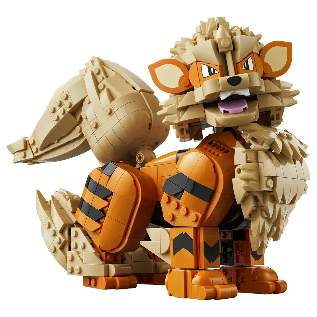 LEGO Pokémon Arcanine model in orange, tan, and black plastic bricks forms a seated canine with striped legs, layered mane, pointed ears, open mouth, and large curled tail.