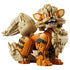 LEGO Pokémon Arcanine model in orange, tan, and black plastic bricks forms a seated canine with striped legs, layered mane, pointed ears, open mouth, and large curled tail.