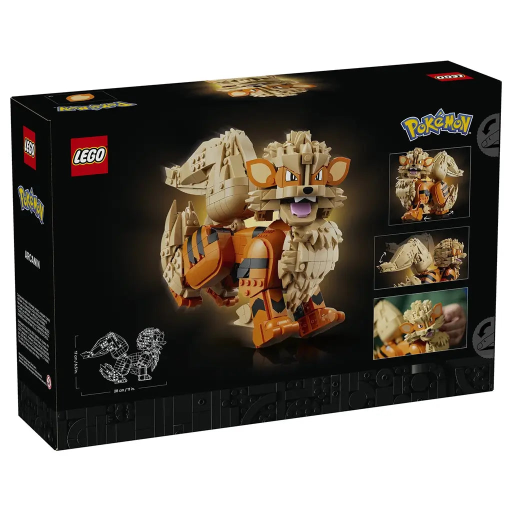 LEGO Pokémon Arcanine package back in black shows the orange and tan brick-built figure, movable tail details, dimensions, and lifestyle views with Pokémon branding.