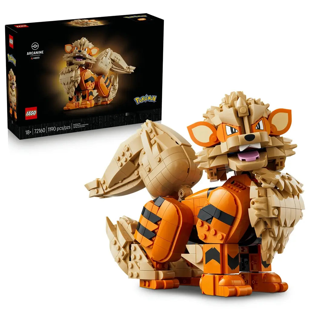 LEGO Pokémon Arcanine 72160 set pairs the orange, tan, and black brick-built canine model with its black product box, featuring a layered mane, stripes, and curled tail.