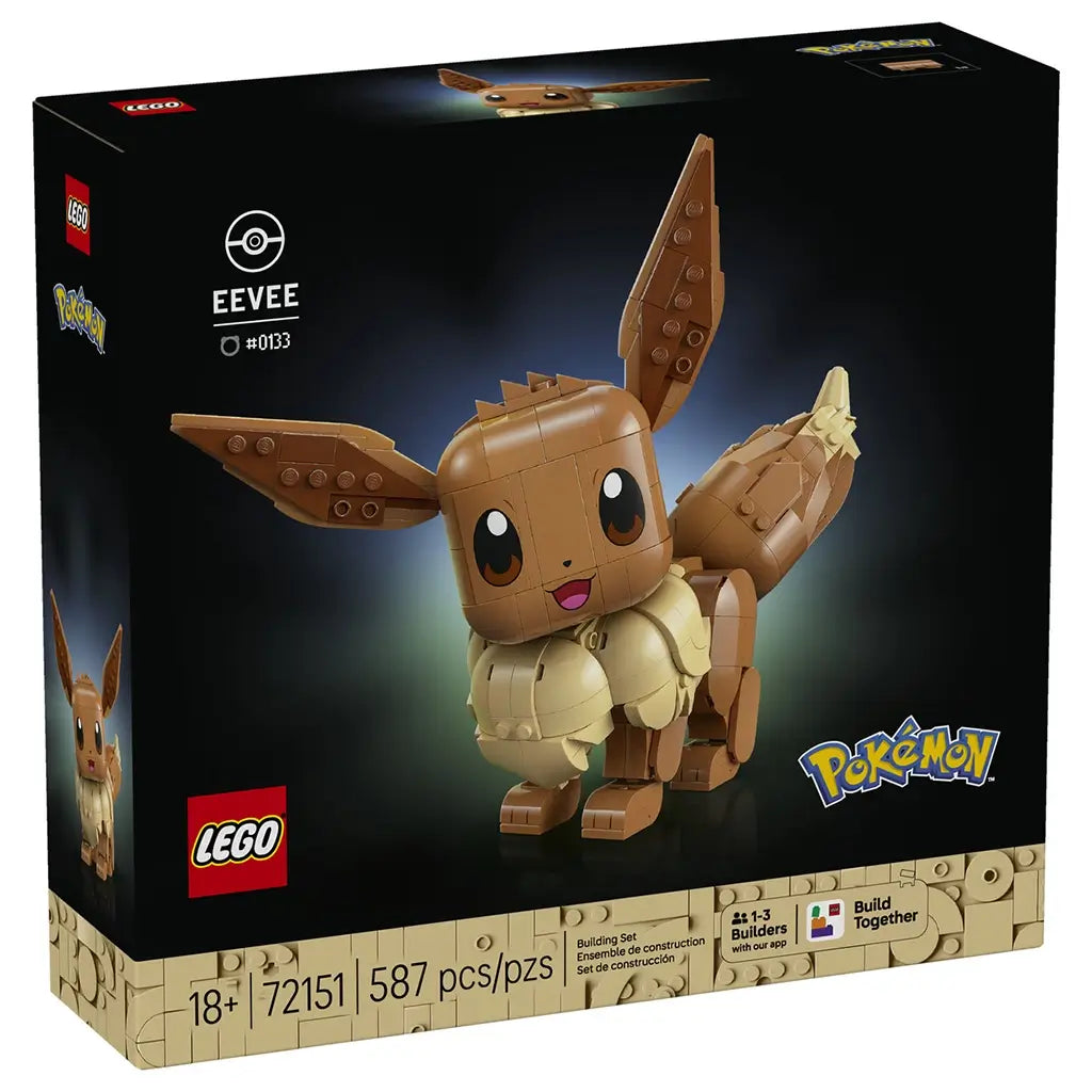 LEGO Pokémon Eevee model building kit features black retail packaging with character artwork, showcasing the brown and cream display figure, collector presentation and Pokémon branding.