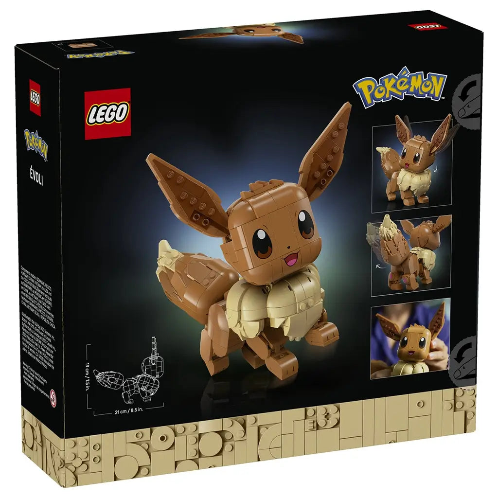 LEGO Pokémon Eevee package back features black collector packaging with character artwork, feature callouts and build images, highlighting movable ears, tail articulation and display dimensions.