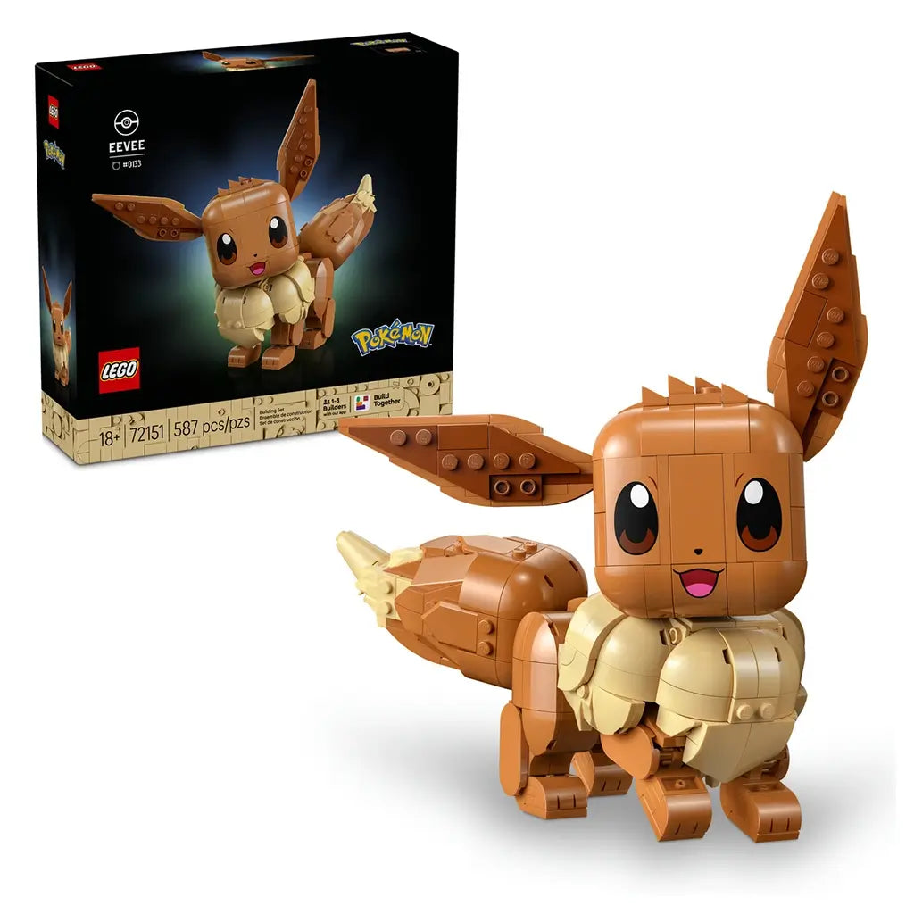 LEGO Pokémon Eevee building kit features brown and cream plastic bricks, a rounded animal-like character form with large pointed ears and fluffy collar, displayed beside retail packaging on a light studio background.