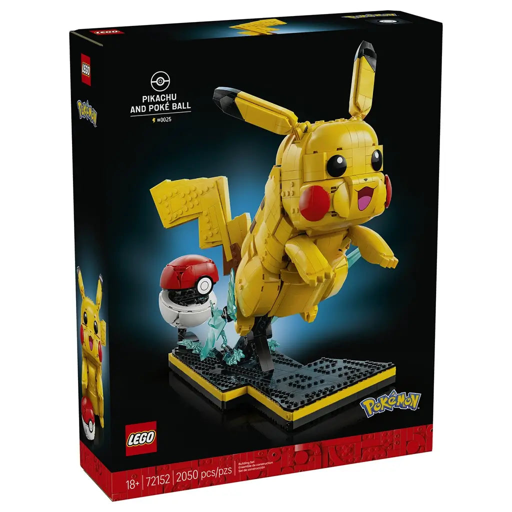 LEGO Pokémon Pikachu and Poké Ball building kit features black retail packaging with product artwork, showing the yellow character display, Poké Ball accessory and collector-focused presentation.