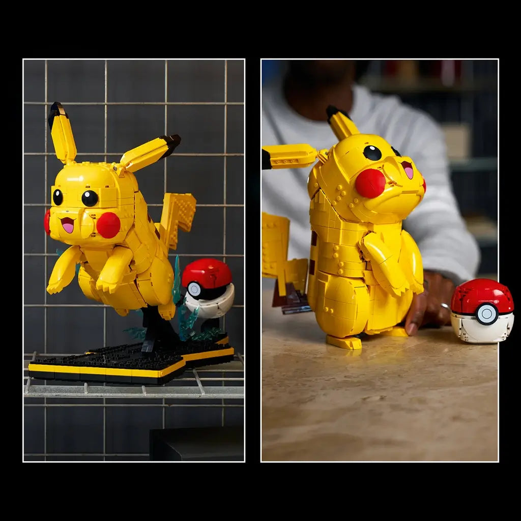 LEGO Pokémon Pikachu collectible display features bright yellow plastic surfaces, a rounded creature shape with movable ears and tail, paired with a Poké Ball and shown in display and play positions indoors.