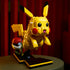 LEGO Pokémon Pikachu display features bright yellow plastic textures, a rounded character shape with red cheeks and black-tipped ears, posed beside a Poké Ball on a table against a deep red backdrop.