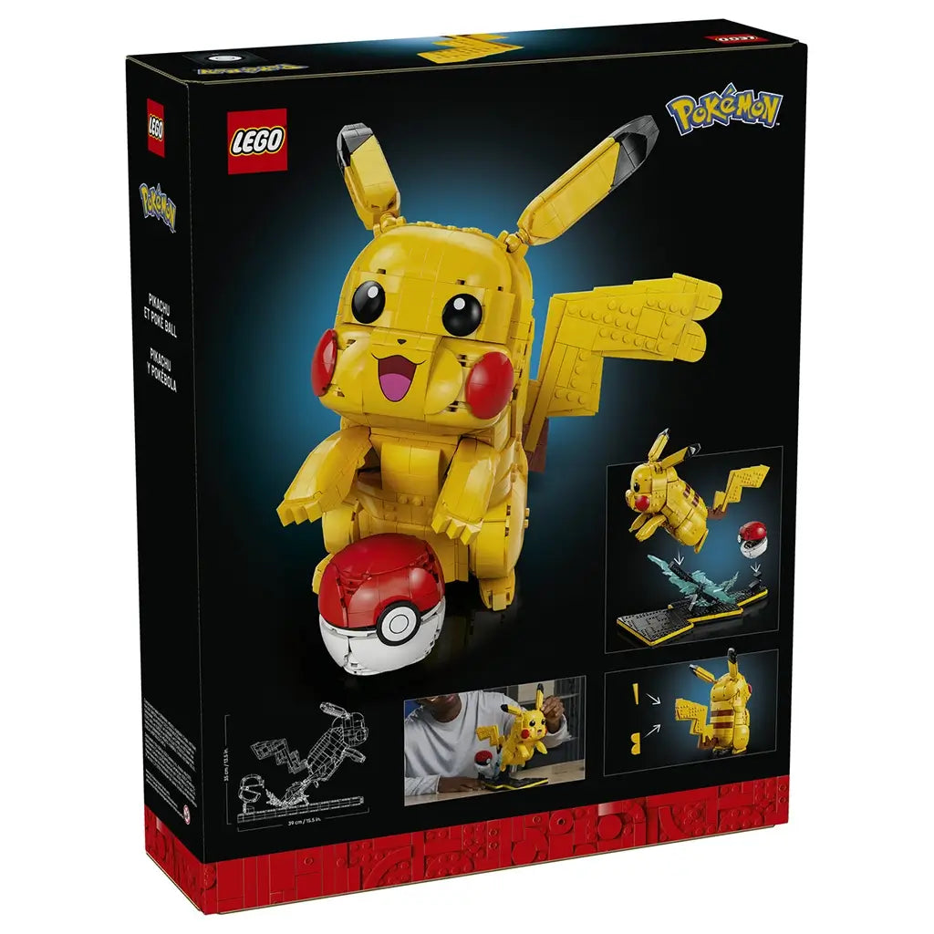LEGO Pokémon Pikachu package back features black collector packaging with yellow character artwork, a buildable Poké Ball, feature diagrams and product photography highlighting display functions and scale.