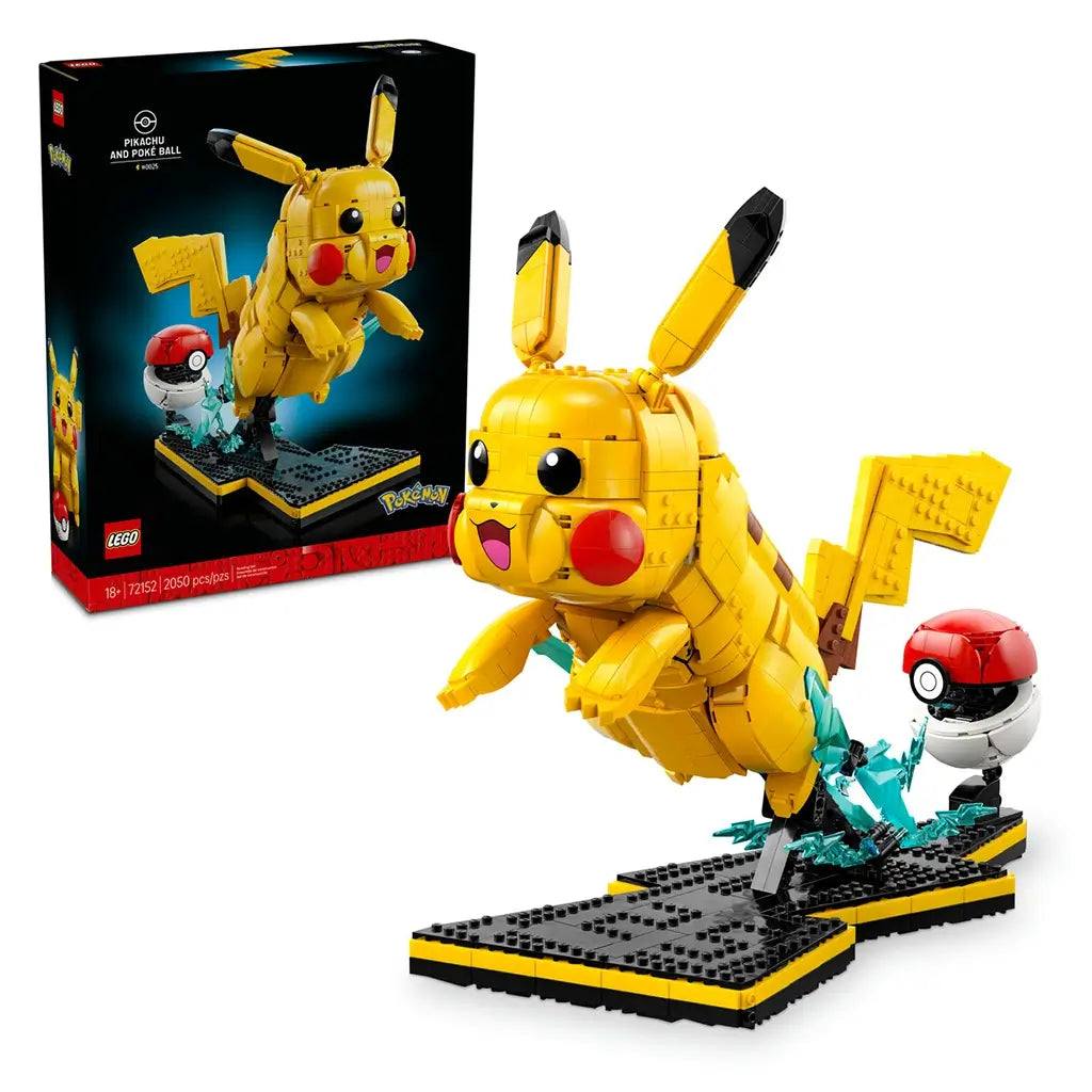 LEGO Pokémon Pikachu building kit features bright yellow plastic bricks, a rounded character form with black-tipped ears and red cheeks, posed beside a Poké Ball display and retail packaging on a light studio background.