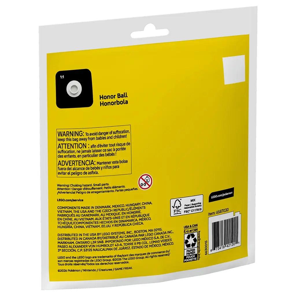 LEGO Pokémon Premier Ball 30729 package back features a bright yellow panel with multilingual safety warnings, product details, recycling symbols, and a barcode.